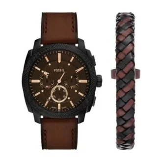 Conjunto de reloj y brazalete de cuero marrón con cronógrafo Machine