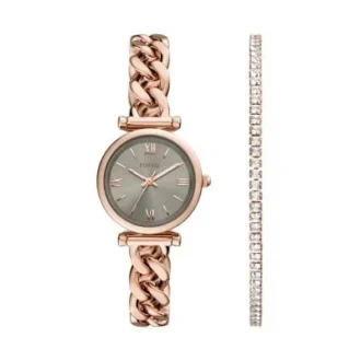 Conjunto de reloj y pulsera Carlie de acero inoxidable en tono oro rosa con tres agujas