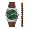 Conjunto de reloj y pulsera Everett de tres agujas con fecha y correa de cuero marrón
