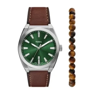 Conjunto de reloj y pulsera Everett de tres agujas con fecha y correa de cuero marrón
