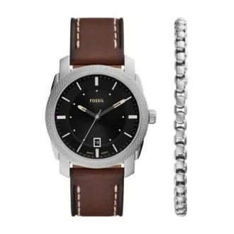 Conjunto de reloj y pulsera Machine de tres agujas con fecha y correa de cuero marrón