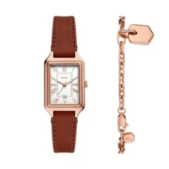 Conjunto de reloj y pulsera Raquel de tres agujas con fecha, de cuero marrón medio