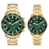 Conjunto de relojes multifunción de acero inoxidable dorado para él y para ella