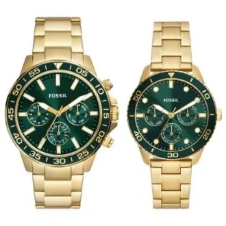 Conjunto de relojes multifunción de acero inoxidable dorado para él y para ella