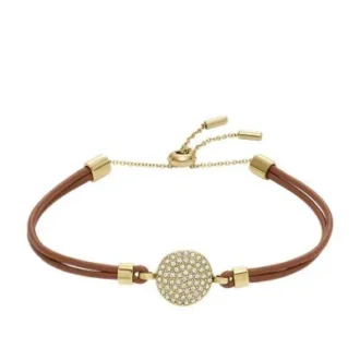 Pulsera Ellis Glitz Disc con componentes de cuero marrón medio