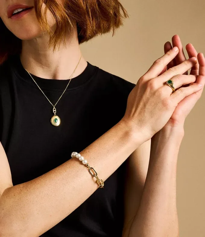 Pulsera Heritage Pearl D-Link de acero inoxidable dorado
