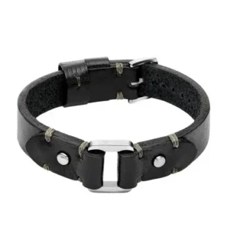Pulsera resistente de acero inoxidable y correa de cuero negro.