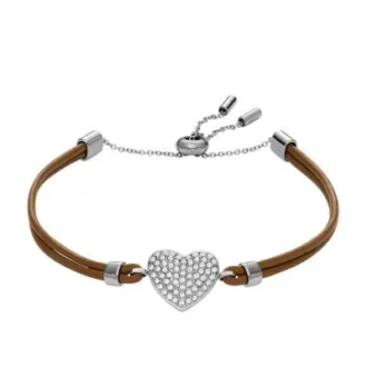Pulsera Sutton Glitz Heart con correa de cuero marrón