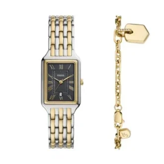 Raquel Reloj y brazalete de acero inoxidable bicolor con tres agujas y fecha Raquel Reloj y brazalete de acero inoxidable bicolor con tres agujas y fecha