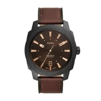 Reloj de cuero LiteHide™ marrón oscuro con tres agujas y fecha