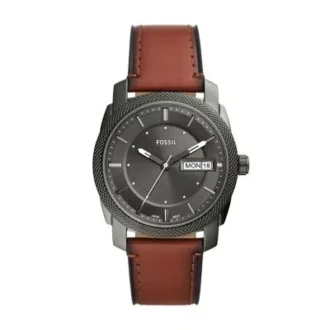 Reloj de cuero marrón con tres agujas y fecha