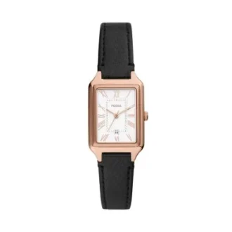 Reloj Raquel de tres agujas con fecha y correa de cuero LiteHide™ negro