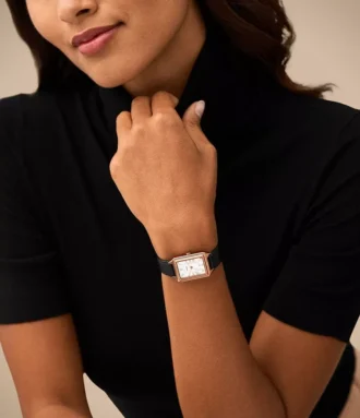 Reloj Raquel de tres agujas con fecha y correa de cuero LiteHide™ negro